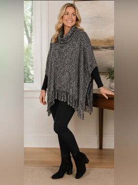 White House/Black Market Turtleneck Poncho with Fringe Finish
